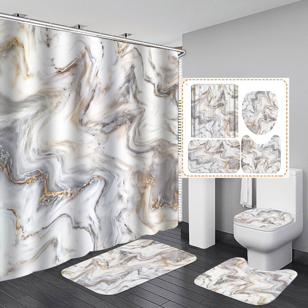 4Pcs Marble Style Shower Curtain Set with Non-Slip Rugs - lanceinternetenterprises